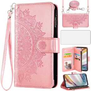 Asuwish Phone Case for Motorola G60 Moto G40 Fusion Wallet Cell Cover with Screen Protector Lanyard Wrist Strap Mandala Flower Flip Zipper Card Holder Slot Stand MotoG60 G 60 40 Women Girls Blue