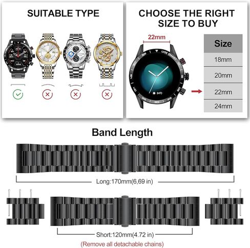 سوار ساعة LIGE معدني من الفولاذ المقاوم للصدأ مقاس 22 مم باللون الأسود لساعة BW1846/ST19/SML6/ST6PRO، وبعض ساعات سامسونج، وساعة جارمين، وساعة هواوي (إبزيم قابل للطي) in Kuwait
