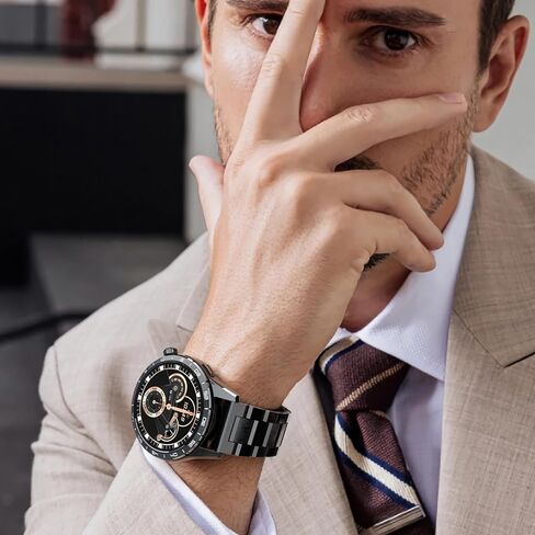 سوار ساعة LIGE معدني من الفولاذ المقاوم للصدأ مقاس 22 مم باللون الأسود لساعة BW1846/ST19/SML6/ST6PRO، وبعض ساعات سامسونج، وساعة جارمين، وساعة هواوي (إبزيم قابل للطي) in Kuwait