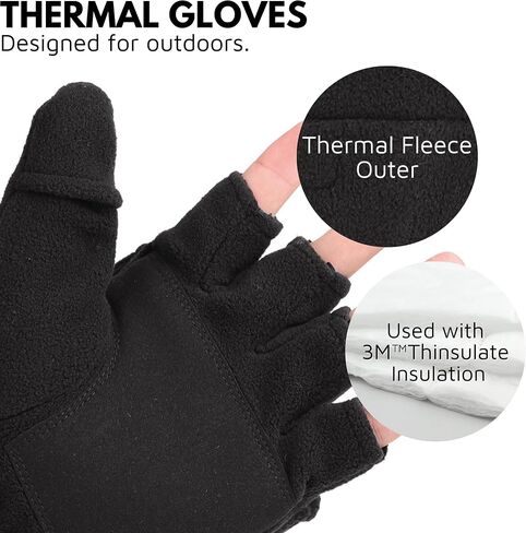 Mens Fleece Mitten Gloves 3M Thinsulate Thermal Convertible Mittens Cold Weather Half Finger Gloves in Kuwait