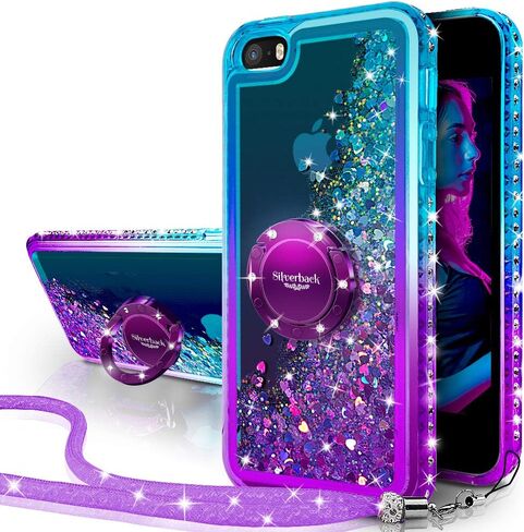 حافظة Silverback لهاتف iPhone SE 2016، حافظة iPhone 5S، حافظة iPhone 5 (ليست لهاتف iPhone Se 3rd & 2nd)، حافظة لامعة ثلاثية الأبعاد سائلة متحركة مع حامل، حافظة Bling Diamond iPhone SE - أرجواني in Kuwait