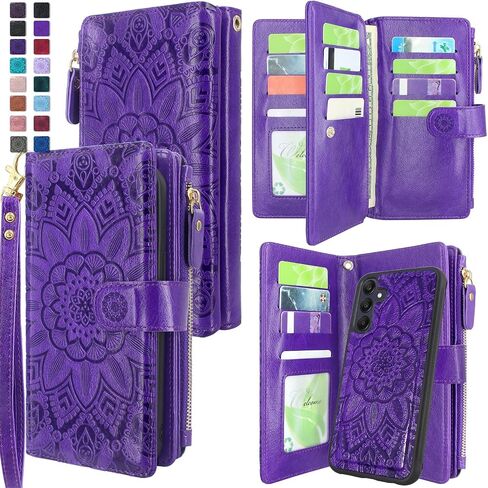 Harryshell Detachable Wallet Leather Case Compatible with Samsung Galaxy A25 5G (2024) Magnetic Phone Case Zipper with Cash Coin Pocket Multi Card Slots Holder Wrist Strap Lanyard (Flower Purple) in Saudi Arabia