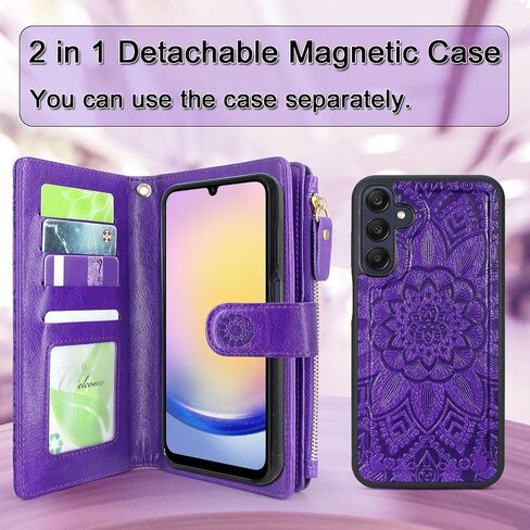 Harryshell Detachable Wallet Leather Case Compatible with Samsung Galaxy A25 5G (2024) Magnetic Phone Case Zipper with Cash Coin Pocket Multi Card Slots Holder Wrist Strap Lanyard (Flower Purple) in Saudi Arabia