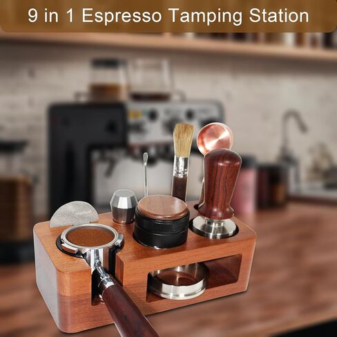 Espresso Tamping Station,9 in 1 Espresso Station,Multifunctional Tamper Station Fit for 51/54/58mm Espresso Accessories,Wooden Espresso Station,Adjustable Height Portafilter Holder (Red, 51mm-58mm) in Saudi Arabia