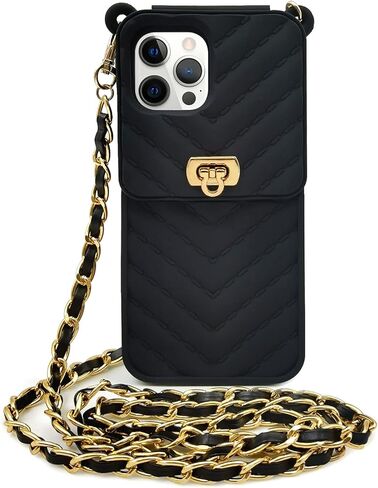 LUVI for Crossbody iPhone 14 Pro Max Wallet Case with Neck Strap Lanyard Credit Card Holder Purse Handbag Case for Women Girls Silicone Rubber Soft Protection Cover for iPhone 14 Pro Max Black in Kuwait