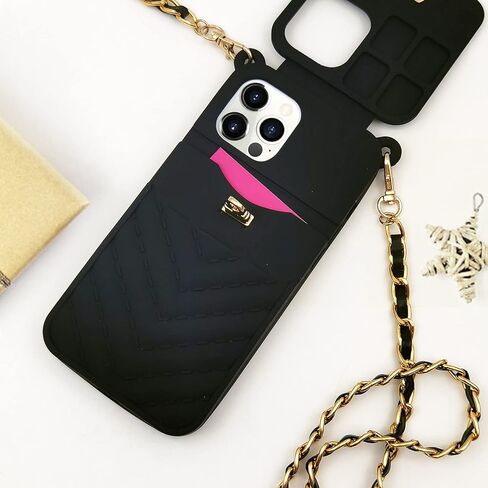 LUVI for Crossbody iPhone 14 Pro Max Wallet Case with Neck Strap Lanyard Credit Card Holder Purse Handbag Case for Women Girls Silicone Rubber Soft Protection Cover for iPhone 14 Pro Max Black in Kuwait