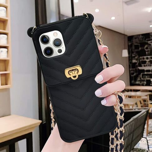 LUVI for Crossbody iPhone 14 Pro Max Wallet Case with Neck Strap Lanyard Credit Card Holder Purse Handbag Case for Women Girls Silicone Rubber Soft Protection Cover for iPhone 14 Pro Max Black in Kuwait