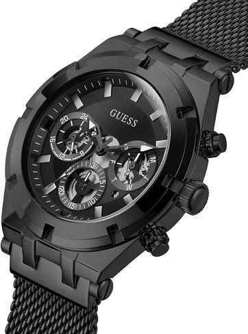 GUESS Men's Sport Crystal Multifunction 44mm Watch – Black Dial Gold-Tone Stainless Steel Case with Black Silicone Strap in Saudi Arabia
