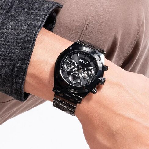 GUESS Men's Sport Crystal Multifunction 44mm Watch – Black Dial Gold-Tone Stainless Steel Case with Black Silicone Strap in Saudi Arabia