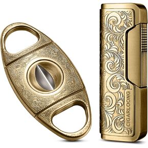 Cigar Cutter and Lighter Set Sharpening Blade V Cut and Retro Carved Lighter(Gold1)