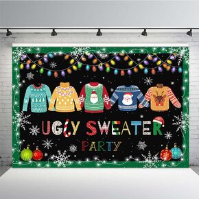 MEHOFOND 7x5ft Winter Ugly Sweater Christmas Party Backdrop Blackboard May Your Sweater Be Ugly and Bright Colorful Lights Snowflake Photography Background Kids Party Decor Banner Photobooth Props