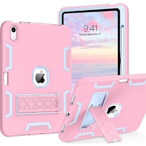 Telaso for iPad 10th Generation Case 10.9 inch 2022, iPad 10 Case with Kickstand 3 Layers Heavy Duty Hybrid Soft Silicone Shockproof Protective Case with Pencil Holder for iPad 10th Gen, Pink/Blue