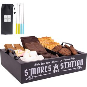 S'mores Station with Handles,Sets:1 Smores Caddy+4 Roasting Sticks,for Fire Pit,Perfect for Party, Outdoor Camping and Bonfires,Wooden