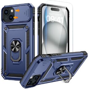 Goton for iPhone 15 Case with Screen Protector - Slide Camera Cover Protective Phone Case with Ring Stand, Heavy Duty Shockproof Rugged Bumper for iPhone15 Accessories Black