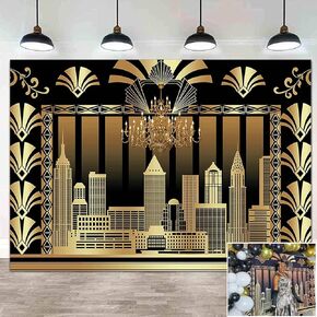 9x6ft Roaring 20's 20s Themed Backdrop Vintage Dance Black Gold Art Event Decoration Birthday Wedding Party Decoration Photo Background Booth Banner Supplies