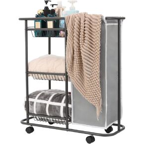 Lucalda Laundry Sorter Cart Movable Bathroom Organizer Gray Laundry Storage Baskets with Heavy Duty Rolling Wheels 3-Tier Storage Shelves with 1 Bag for Clothes