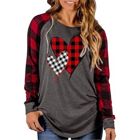Valentine Leopard Plaid Love Heart Shirt Blouses for Women Color Block Splicing Long Sleeve Tshirt Valentine's Day Gift