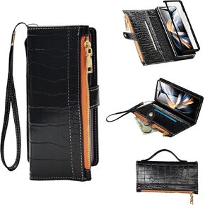 for Samsung Galaxy Z Fold 5 Wrist Strap Zipper Case with Card Slot and Cash Compartment,RFID Protection Built-in Screen Protector and Crocodile Leather for Elegant. Black