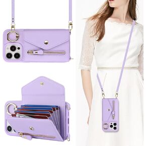 حافظة لهاتف iPhone 14 Pro Max مع حامل بطاقات بسحاب وحزام للنساء، حافظة هاتف iPhone 14 Pro Max متوافقة مع جلد البولي يوريثان وزر فليب مقاوم للصدمات للرجال - أسود in Kuwait