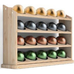 GALVANOX 20 Pod Holder Designed for Nespresso Vertuo Capsules, Free-standing 4 Tier Coffee Station Organizer, Natural Bamboo Wood Display Rack Shelf (Fits all VertuoLine pods)