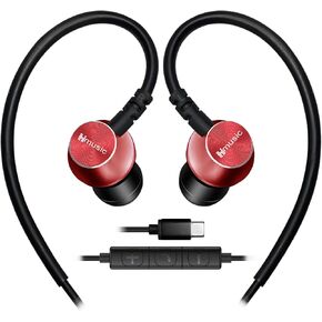 سماعات أذن رياضية Hmusic سلكية مع ميكروفون، سدادات أذن بغطاء معدني USB من النوع C داخل الأذن مع سماعات أذن بخطاف فوق الأذن للرياضة والجري والتمرين وممارسة الرياضة وصالة الألعاب الرياضية (أسود)