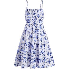 Verdusa Women's Floral Print Ruched Sleeveless Ruffle Hem A Line Swing Cami Dress