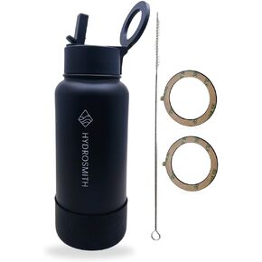 32 OZ Black Water Bottle with Magnetic Phone Holder/Slim & Lightweight Stainless Steel Metal Water Bottle with Flip Top Straw Lid/Great for Gym, Sports, & Travel/Keeps Drinks Hot & Cold