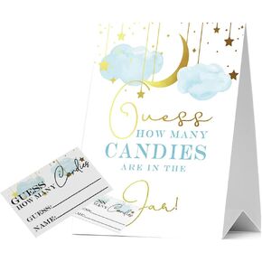 JIRIM-BEUTY Guess How Many Candies Baby Shower Games, Pack of 1 Logo and 50 Cards, Golden Star and Moon, Baby Shower Signs, Baby Shower Invitation Set, Bridal Shower Sign, Gender Reveal - JRM308