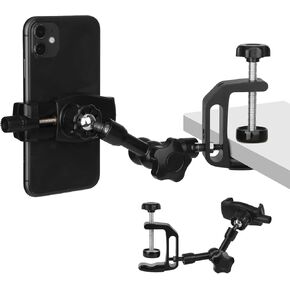 Phone Holder for Kitchen Cabinet/Desk/Table/Rod,Compatible with 3.5~7.5" iPhone/Nexus/HTC/Huawei/Smartphone,360°Adjustable Aluminum Alloy Arm Clip Mount