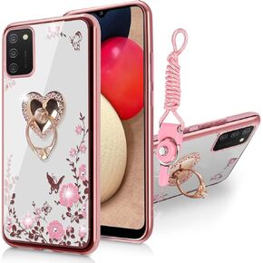 B-wishy for Samsung Galaxy A03S Case for Women, Glitter Crystal Butterfly Heart Floral Slim TPU Luxury Bling Cute Girls Protective Cover with Ring Holder Stand+Strap for Samsung A03S (Rose Gold)
