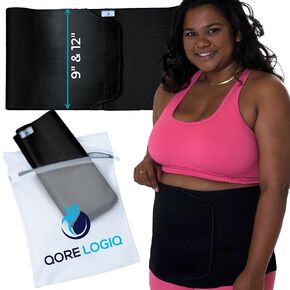 QORE LOGIQ Plus Size Abdominal Binder, Post Surgery Tummy Tuck Stomach Binder & Postpartum Abdominal Binder, Women & Men Adjustable 12" Belly Binder & Post Hysterectomy Belly Band, Black XXL