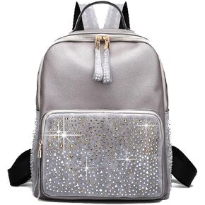 Rhinestone Backpack Faux Leather Black