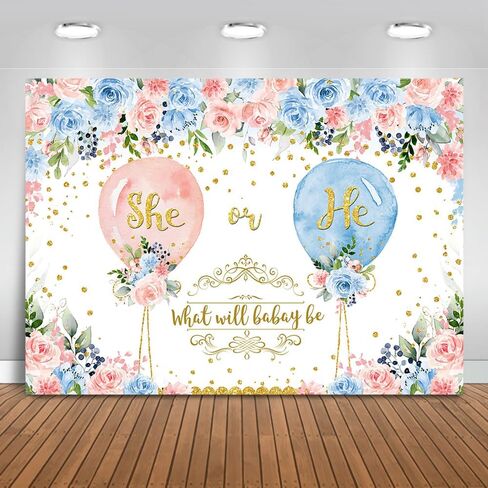 Mocsicka He or She Gender Reveal Backdrop Boys or Girls Gender Reveal Photography Background Pink or Blue Floral Balloons Gender Reveal Party Decorations Banner Photo Studio Props (7x5ft) in Saudi Arabia