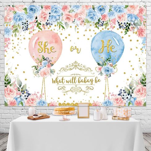 Mocsicka He or She Gender Reveal Backdrop Boys or Girls Gender Reveal Photography Background Pink or Blue Floral Balloons Gender Reveal Party Decorations Banner Photo Studio Props (7x5ft) in Saudi Arabia