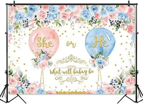 Mocsicka He or She Gender Reveal Backdrop Boys or Girls Gender Reveal Photography Background Pink or Blue Floral Balloons Gender Reveal Party Decorations Banner Photo Studio Props (7x5ft) in Saudi Arabia