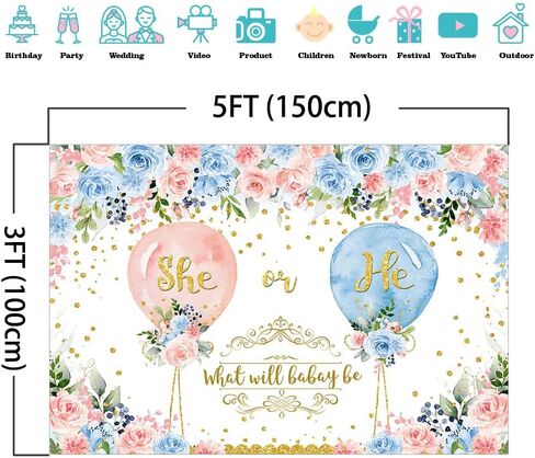 Mocsicka He or She Gender Reveal Backdrop Boys or Girls Gender Reveal Photography Background Pink or Blue Floral Balloons Gender Reveal Party Decorations Banner Photo Studio Props (7x5ft) in Saudi Arabia