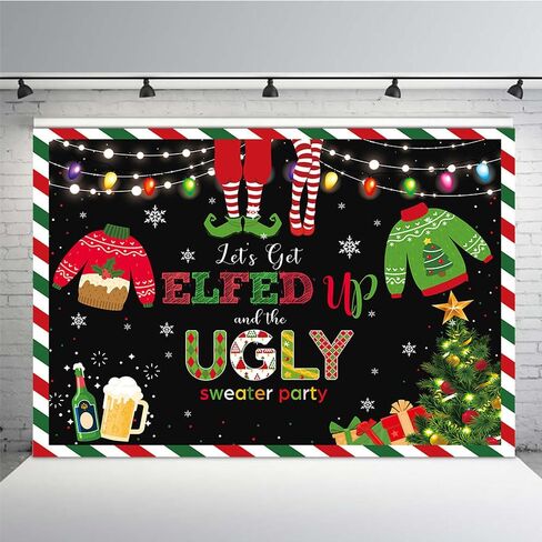 MEHOFOND 7x5ft Winter Ugly Sweater Christmas Party Backdrop Blackboard May Your Sweater Be Ugly and Bright Colorful Lights Snowflake Photography Background Kids Party Decor Banner Photobooth Props in Saudi Arabia