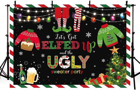 MEHOFOND 7x5ft Winter Ugly Sweater Christmas Party Backdrop Blackboard May Your Sweater Be Ugly and Bright Colorful Lights Snowflake Photography Background Kids Party Decor Banner Photobooth Props in Saudi Arabia