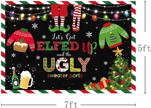 MEHOFOND 7x5ft Winter Ugly Sweater Christmas Party Backdrop Blackboard May Your Sweater Be Ugly and Bright Colorful Lights Snowflake Photography Background Kids Party Decor Banner Photobooth Props in Saudi Arabia