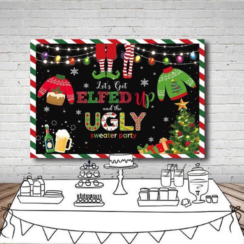 MEHOFOND 7x5ft Winter Ugly Sweater Christmas Party Backdrop Blackboard May Your Sweater Be Ugly and Bright Colorful Lights Snowflake Photography Background Kids Party Decor Banner Photobooth Props in Saudi Arabia