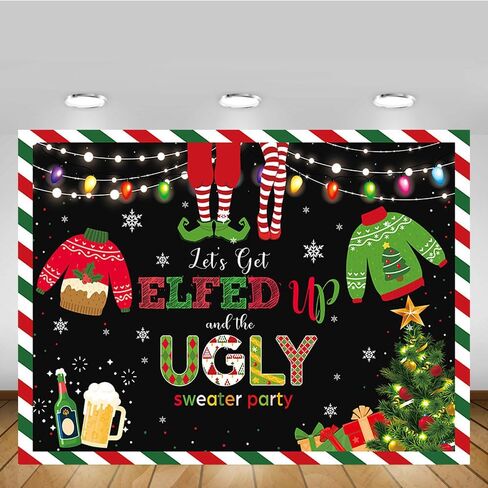 MEHOFOND 7x5ft Winter Ugly Sweater Christmas Party Backdrop Blackboard May Your Sweater Be Ugly and Bright Colorful Lights Snowflake Photography Background Kids Party Decor Banner Photobooth Props in Saudi Arabia