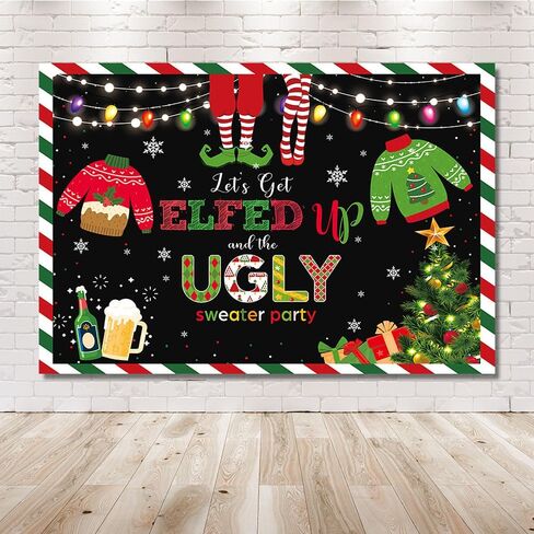 MEHOFOND 7x5ft Winter Ugly Sweater Christmas Party Backdrop Blackboard May Your Sweater Be Ugly and Bright Colorful Lights Snowflake Photography Background Kids Party Decor Banner Photobooth Props in Saudi Arabia