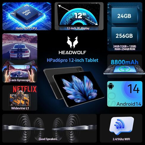 Headwolf Android 14 Tablet 12 Inch, HPad6 Pro Helio G99 Octa Core Large Android Tablet, 24GB RAM + 256GB ROM 2K Display Gaming Tablet, 8800mAh, Widevine L1, 16MP+8MP, Quad Speaker, 2.4/5G WiFi in Saudi Arabia