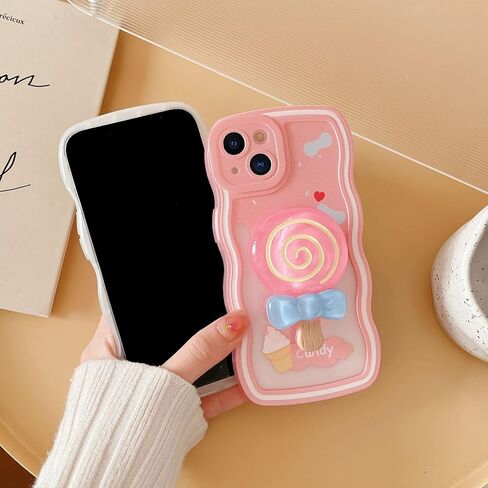 متوافق مع حافظة iPhone 13، حافظة TPU شفافة وناعمة بطبعة كريمية لطيفة مع مسند حلقة الحلوى غطاء مقاوم للصدمات للنساء والفتيات مع iPhone 13 6.1 بوصة (وردي) in Saudi Arabia