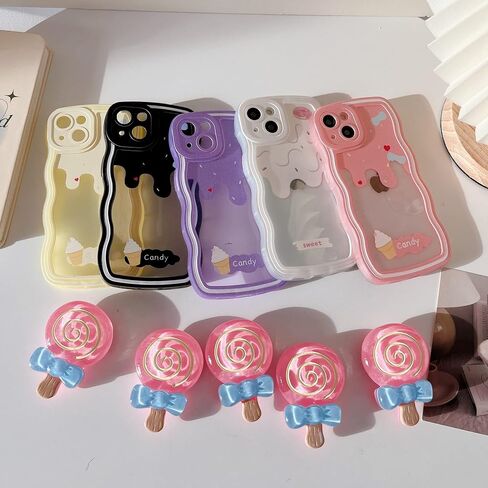 متوافق مع حافظة iPhone 13، حافظة TPU شفافة وناعمة بطبعة كريمية لطيفة مع مسند حلقة الحلوى غطاء مقاوم للصدمات للنساء والفتيات مع iPhone 13 6.1 بوصة (وردي) in Saudi Arabia