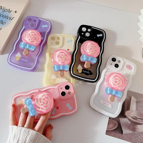 متوافق مع حافظة iPhone 13، حافظة TPU شفافة وناعمة بطبعة كريمية لطيفة مع مسند حلقة الحلوى غطاء مقاوم للصدمات للنساء والفتيات مع iPhone 13 6.1 بوصة (وردي) in Saudi Arabia