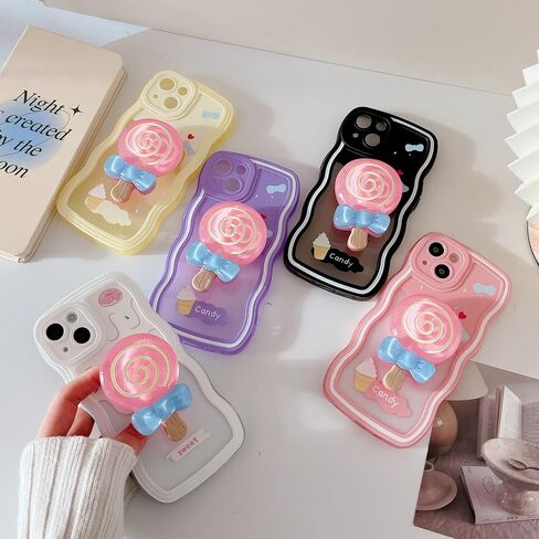 متوافق مع حافظة iPhone 13، حافظة TPU شفافة وناعمة بطبعة كريمية لطيفة مع مسند حلقة الحلوى غطاء مقاوم للصدمات للنساء والفتيات مع iPhone 13 6.1 بوصة (وردي) in Saudi Arabia