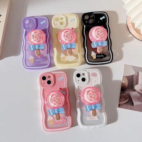 متوافق مع حافظة iPhone 13، حافظة TPU شفافة وناعمة بطبعة كريمية لطيفة مع مسند حلقة الحلوى غطاء مقاوم للصدمات للنساء والفتيات مع iPhone 13 6.1 بوصة (وردي) in Saudi Arabia