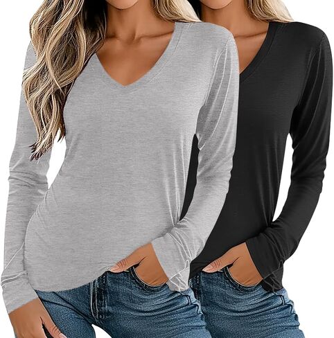 Ficerd 2 Pack Women's V Neck T Shirts, Short or Long Sleeve Tunic Tops Causal Summer Basic Shirts Solid Hem Tee Blouses in Kuwait