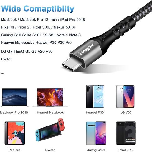 Fasgear USB C to USB C 100W Cable 1.6ft,2-Pack Short Braided 5A Fast Charging PD Type-C 2.0 Cords Compatible for MacBook Pro,Chromebook,Pixelbook,i-Pad Pro 2018/2020,Galaxy S21 S20+,Switch,PS 5,Red in Kuwait